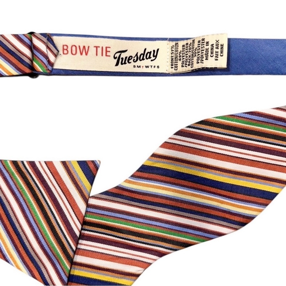 Bow Tie Tuesday Mens Rainbow Striped Cotton-Blend Vintage Bow Tie 2.75” Wide - Picture 2 of 4
